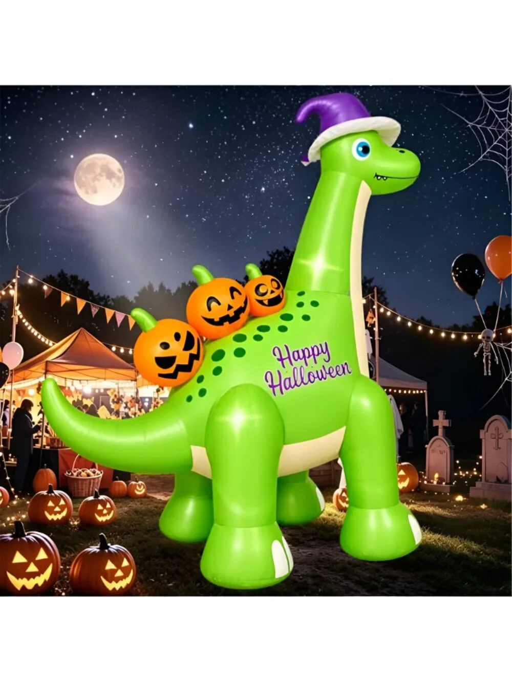 12FT Giant Halloween Inflatable Dinosaur with Witch Hat Decor